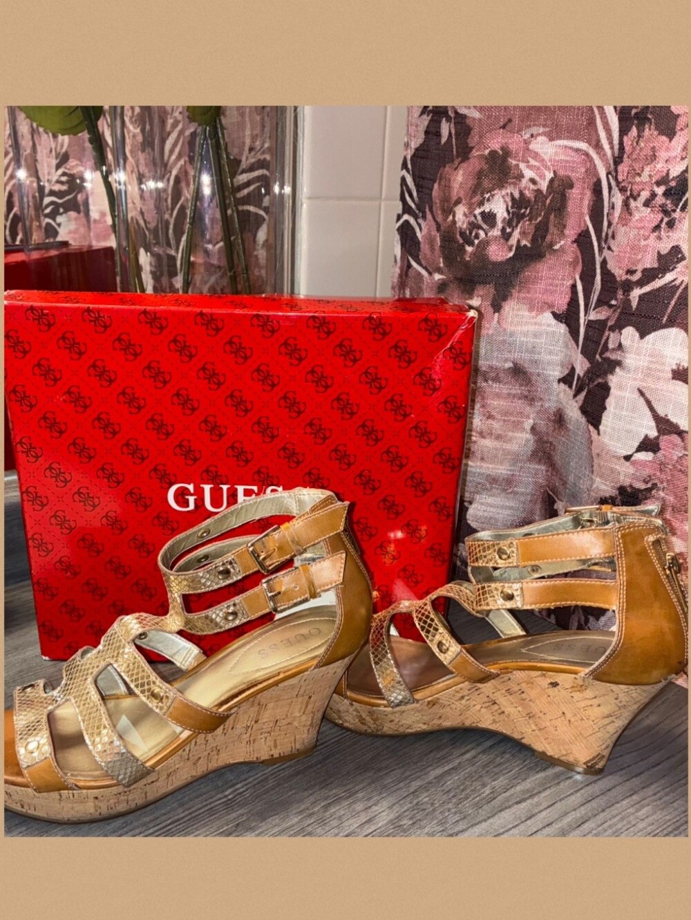 GUESS Strappy Cork Wedge Sandals